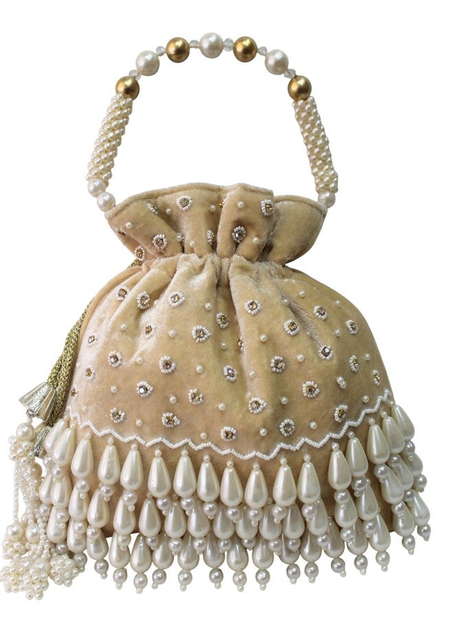 MILAN'S CREATION Pearl-Tassels Potli Bag Hand Embroidery Drawstring Velvet Potli Women's Handbag Purse With Pearl Handle & Tassel Purse (Gold) - Image 1